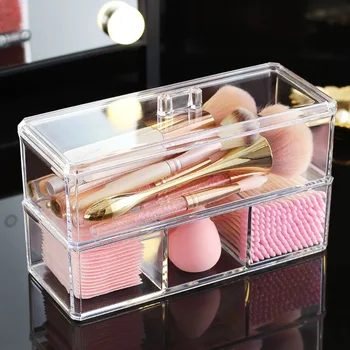 

Transparent Cosmetic Storage Box Makeup Brush Cosmetic Puff Cotton Swab Holder Dustproof Desktop Storage Organizer with Lid
