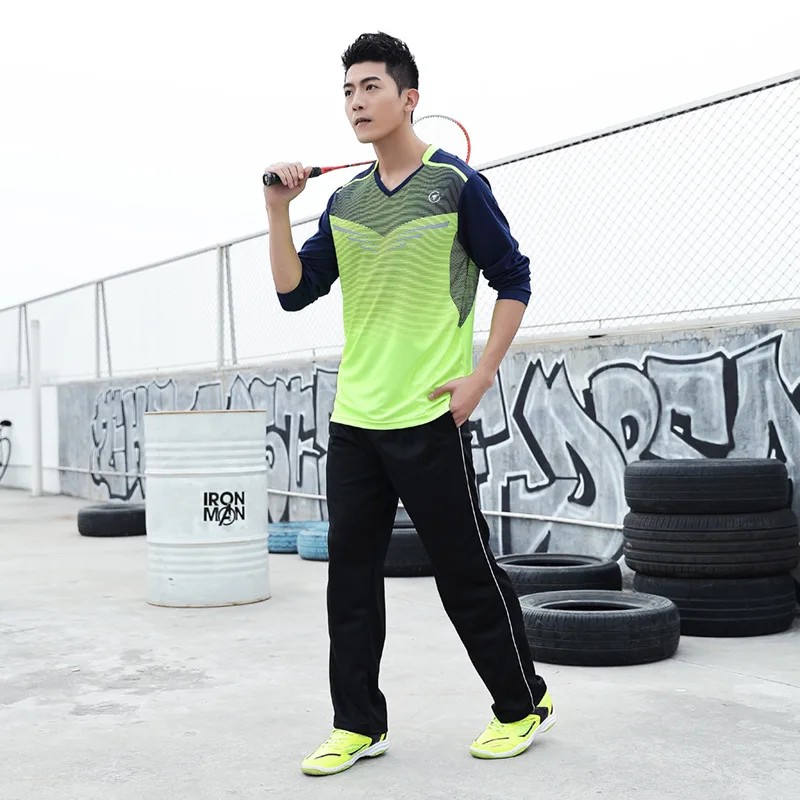 Men green shirt Футболка с длинными рукавами для бадминтона для мужчин и женщин, быстросохнущая теннисная рубашка и штаны, спортивная одежда для бега, тренировочная форма для матча - Цвет: Men green shirt