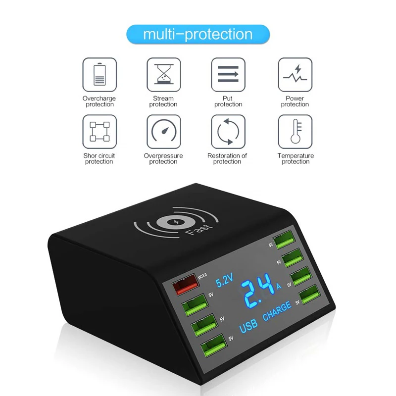 

8-Port USB 60W Quick Charger Base Station LED Display Fast Charge 3.0 Desktop 10W Wireless Charger Station USB Charging Station
