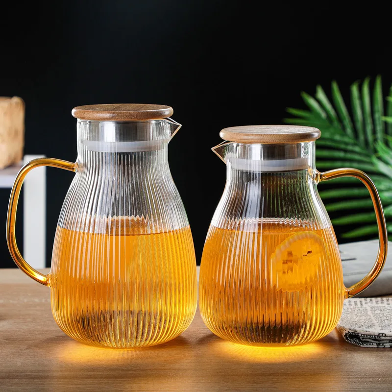 Glass striped cold water jug with bamboo cover household vertical