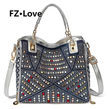 

Women's Denim Blue Knitted Top Handle Handbags Shiny Rhinestone Ladies Girls Jean Bag Shoulder Bag Satchel Messenger Tote Bags