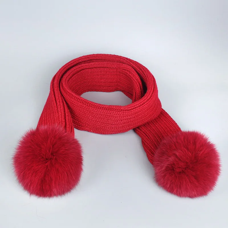Red-Scarf Осень-зима, детский, взрослый, леди, помпон из лисьего меха, женская вязаная шапка, шапка, шарф, набор, детский, Soild, вязаный крючком, большой помпон, шапки, s - Цвет: Red-Scarf