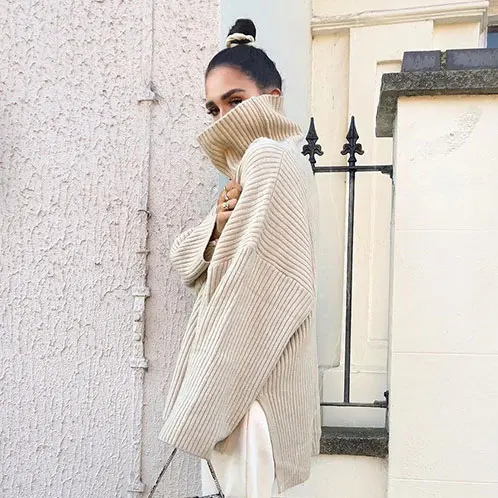 Khaki OOTN хаки женский Водолазка Свободный вязаный свитер Повседневное платье с разрезом длинный рукав свитер женский плюс размер теплые зимние свитера - Цвет: Khaki