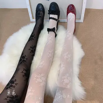 

Retro Lace Rose Embroidery ultra thin court Lolita White Stockings Pantyhose mesh stockings