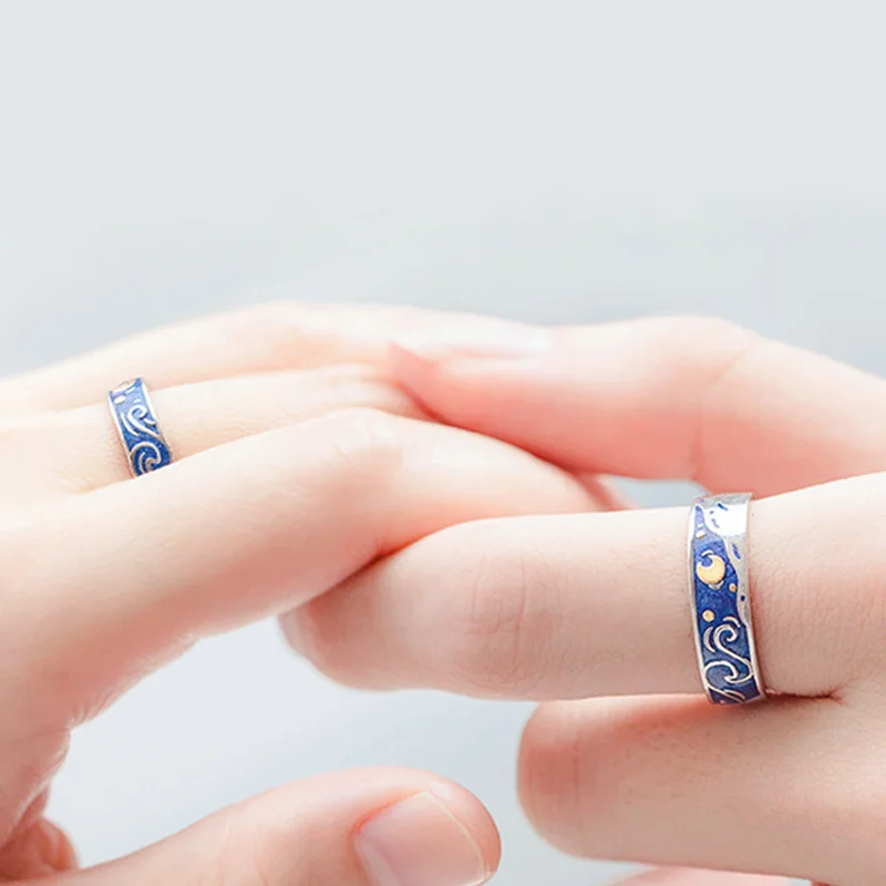 Vintage Style Van Gogh Starry Sky Couple Rings SilverPlating Male Finger Ring Adjustable Opening Ladys men Jewelry Dropshipping