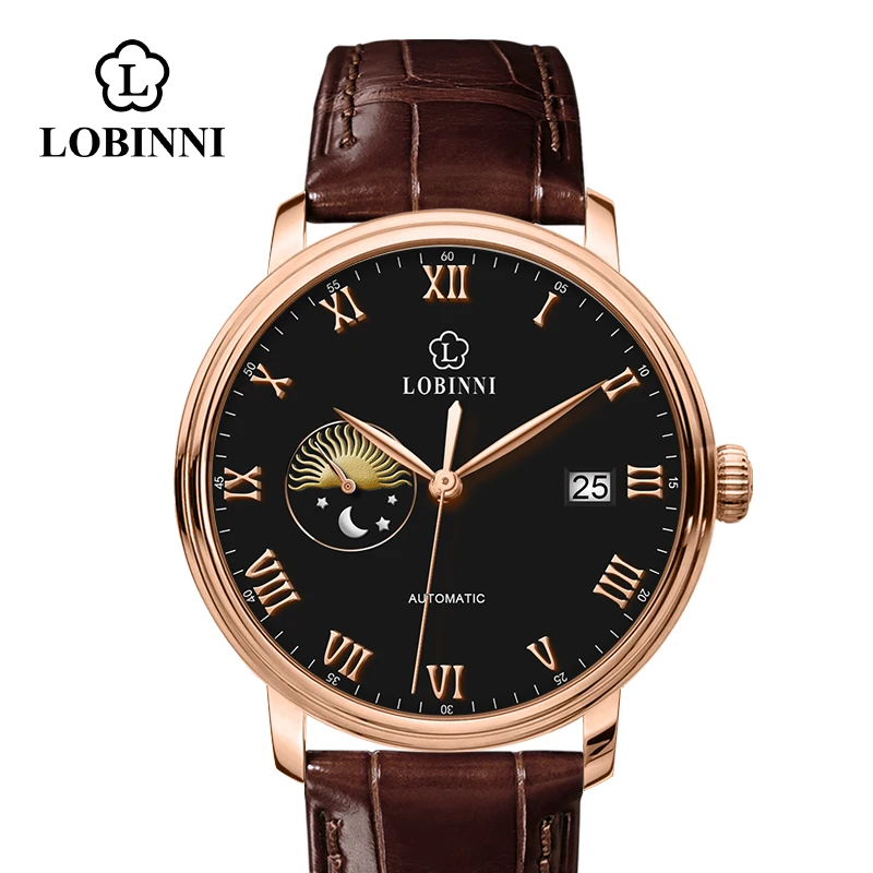 Rose-Black LOBINNI, швейцарский Лидирующий бренд, Япония, автоматические механические мужские наручные часы с автоматическим заводом, мужские часы из натуральной кожи, Moon Phase - Цвет: Rose-Black