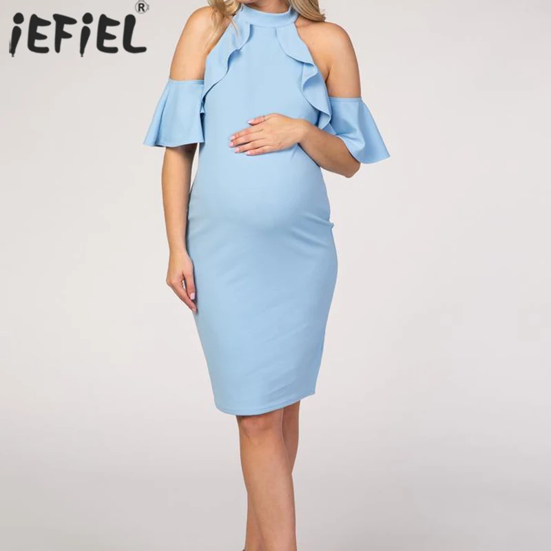 

Pregnant Women Ruffle Off Shoulder Dress Elegant Maternity Dress Pregnancy Clothes Ruched Sides Knee Length Bodycon Dresses