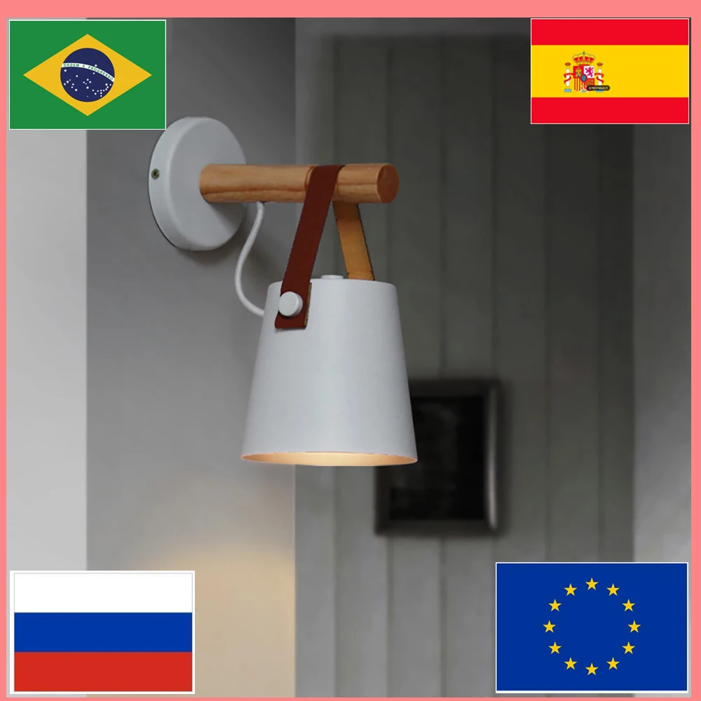 Tanie Oświetlenie naścienne led ściana z drewna lampy nowoczesny skandynawski styl kinkiety łóżko lampka nocna E27 85 265V biały i czarny abażur Home Decor