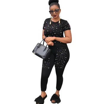 

Summer 2 Piece Outfits for Women Round Neck Short Sleeve Casual Colorful Beading Shirt and Slim Pant Wholesale Dropshipping