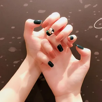 

24Pcs fake nails with Pearl Full Cover Pink Dark Green Square press on Jump Color Acrylic Artificial Nails with gule for girls