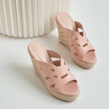 

Genuine Leather High-Heel Wedge Sandal Hollow out Hemp Straw Line-styled Slippers