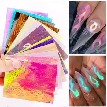 

32pcs Nail flame stickers popular laser camouflage flame nail stickers leaf shape stickers with back glue