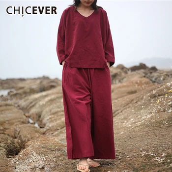 

CHICEVER Two Piece Set Women V Neck Long Sleeve Shirt High Waist Wide Leg Pants Oversize Loose Female Suits 2020 Fashion Clothes