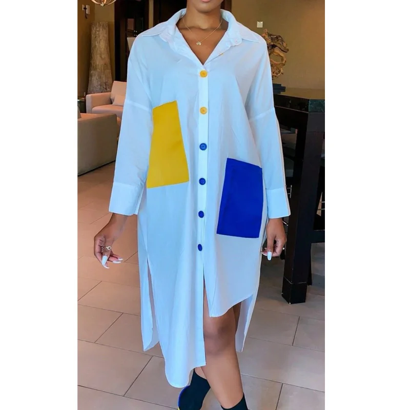 

Splicing Women Long Shirts Blouses Colorful Botton Anomalistic Women's Blouse Long Sleeve Summer Tunic Fashion Woman Blouses