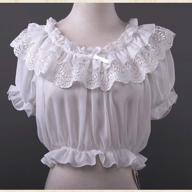 

Белая кружевная и шифоновая блузка с оборками, круглым вырезом и пышными рукавами, винтажная Готическая блузка, женская одежда В Викторианском Стиле Лолита, пикантный топ в стиле стимпанк