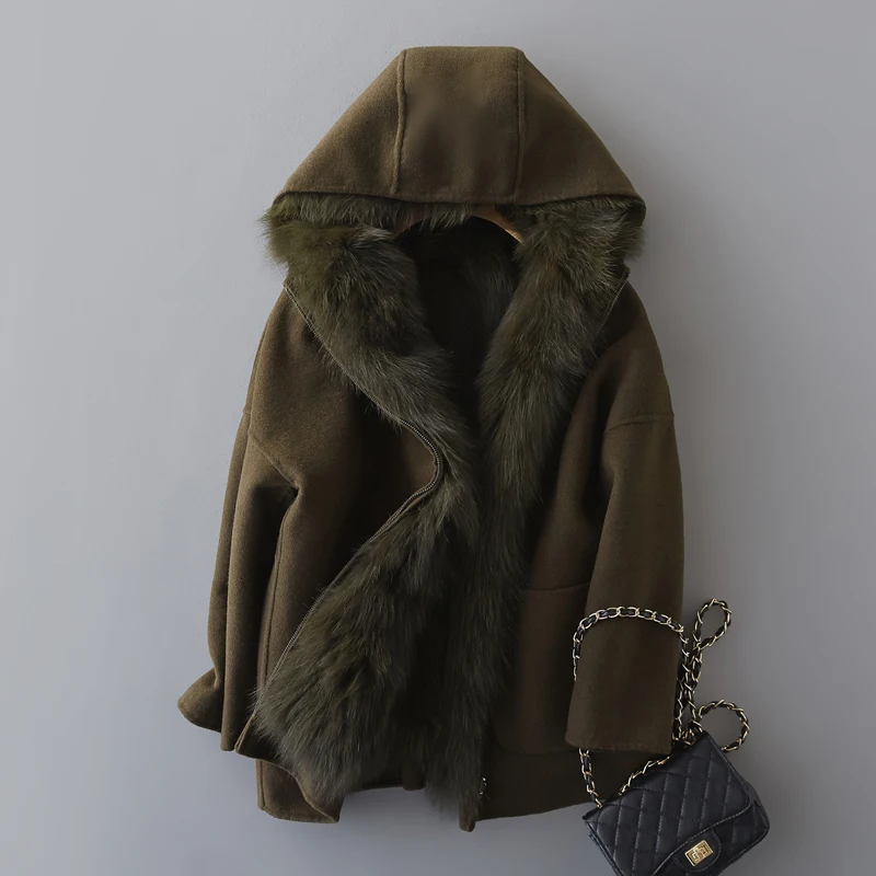 PUDI, Женское пальто из натуральной шерсти, для леди, натуральный Лисий мех, подкладка с капюшоном, для отдыха, осень/зима, шерсть, длинная верхняя одежда, пальто, B4128 - Цвет: army