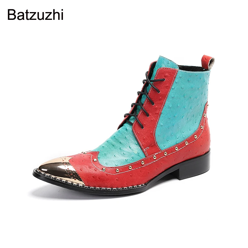 Batzuzhi New Personality Men Ankle Boots Pointed Metal Head Genuine Leather Ankle Boots Men Color Lace-up Party/Wedding Botas