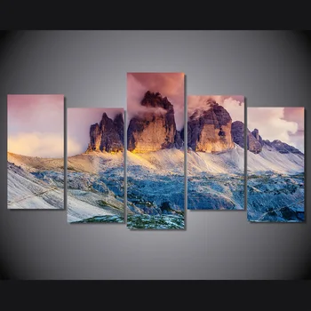 

5 Pieces Canvas Art Fog Austria Dolomites Mountain Sunset Painting Wall Pictures For Living Room Canvas Painting
