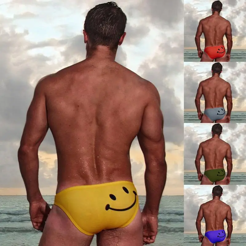 Мужские купальные Сексуальные трусы с рисунком улыбающегося лица, с низкой талией, эластичные хлопковые пляжные шорты, купальный костюм