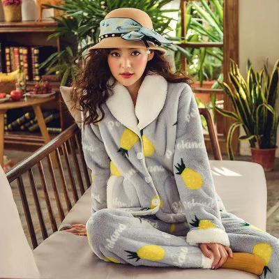 

[Wechat Business Hot Selling] Berber Fleece Sweet Casual Thick plus Velvet Warm Cardigan Fold-down Collar Homewear Set