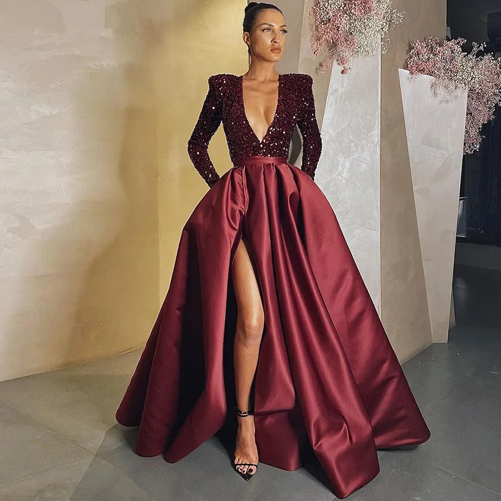 Elegant Satin Evening Dresses Long Sparkle Sequined Sexy Deep V Neck Side Slit Formal Prom Gown Simple Ruched Robe de soiree