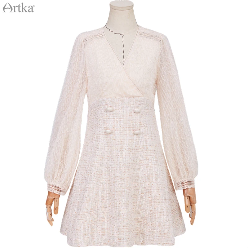 ARTKA 2020 Autumn New Women Dress Elegant Lace V
