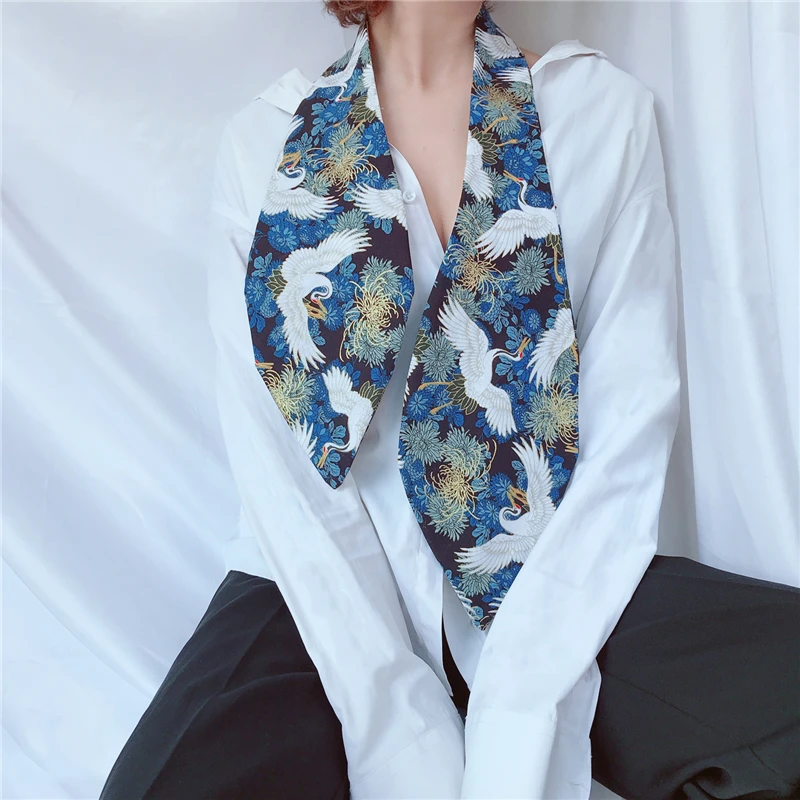 

Ukiyoe Style Japanese Traditional Kimono Tie Cravat Women Scarf Vintage Crane Wave Print Retro Yukata Accessories Unisex 2022