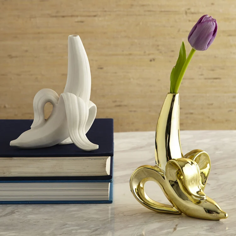 Scandinavian creative home ceramics matte white gold banana pendant vase floret tabletop Small mouth vase flower jar home decor