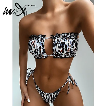 

In-X Sexy leopard bandeau bikini 2020 Pleated swimsuit female swimwear women Frill micro bikini set String swimsuit bathing suit
