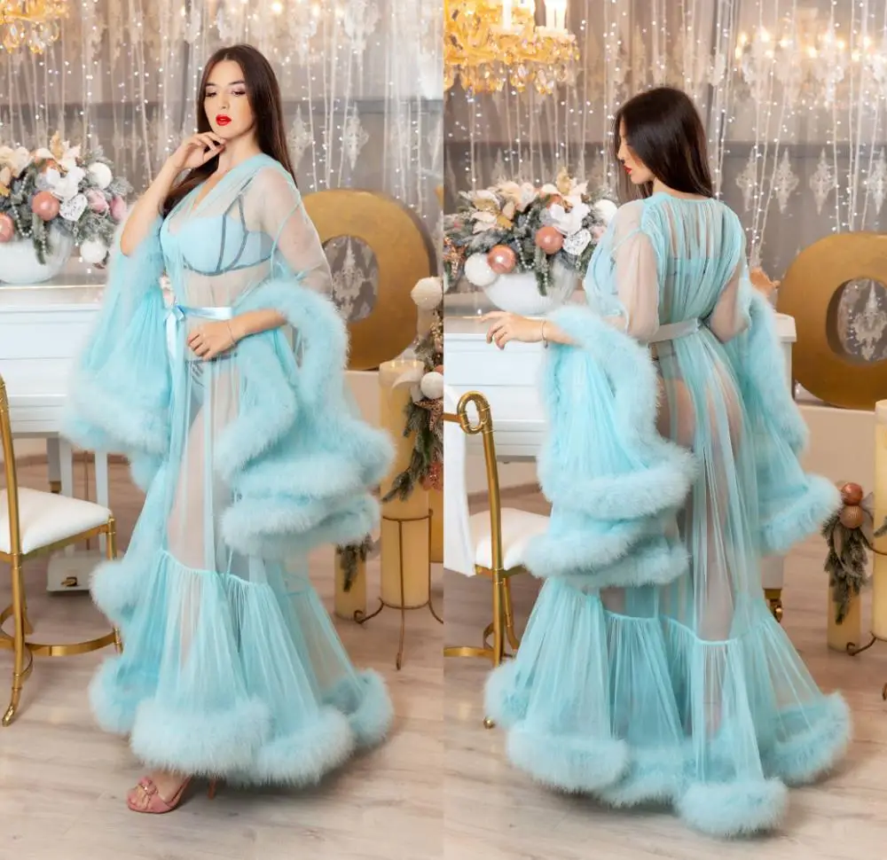 

Blue Faux Fur Women Night Bathrobe Wedding Bride Bridesmaid Robes Silk Satin Lace Sleepwear Pyjamas Long Lingeries Bridal Party