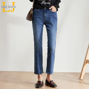 

LEIJIJEANS 2019 autumn 5XL Large size women's jeans in the waist loose washing straight jeans classic casual ladies jeans 9210