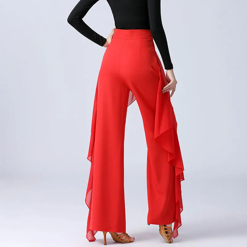 Latin Dance Pants Practice Ballroom Dance Wide-Leg Pants Modern Women's High Waist Ruffle Wide 5XL dance pants