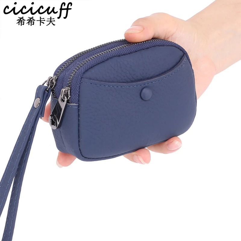 

Genuine Leather Coin Purse Women Small Coin Wallet Fashion Wrist Strap Double Zipper Change Purse Portable Pouch Ladies Clutch