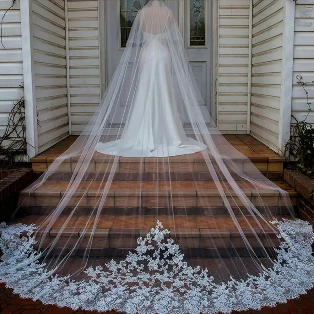 

Gorgeous Designer Chapel Length Bridal Veils Appliqued White Ivory Tulle Wedding Veils 2020 Vestido De Noiva Longo Wedding Veil