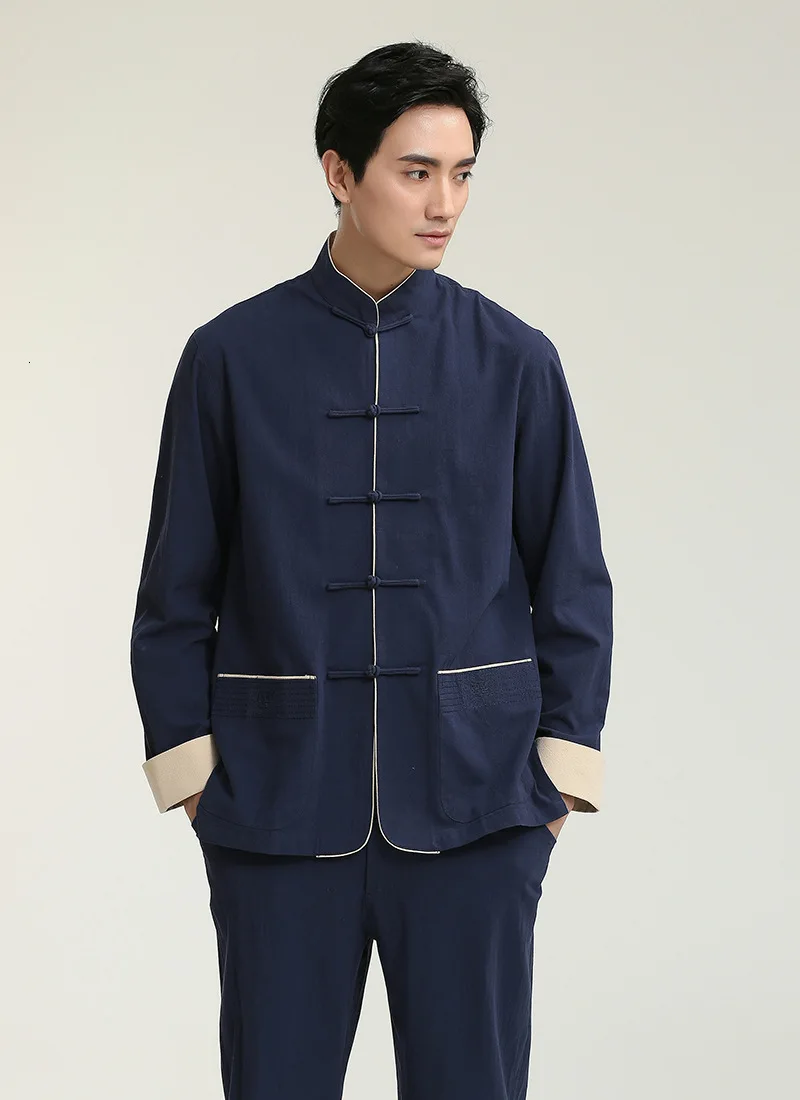 Мужские традиционные китайские топы, рубашки, униформа кунг-фу, хлопковая льняная блузка, костюм с длинными рукавами, винтажная Новогодняя одежда для мужчин