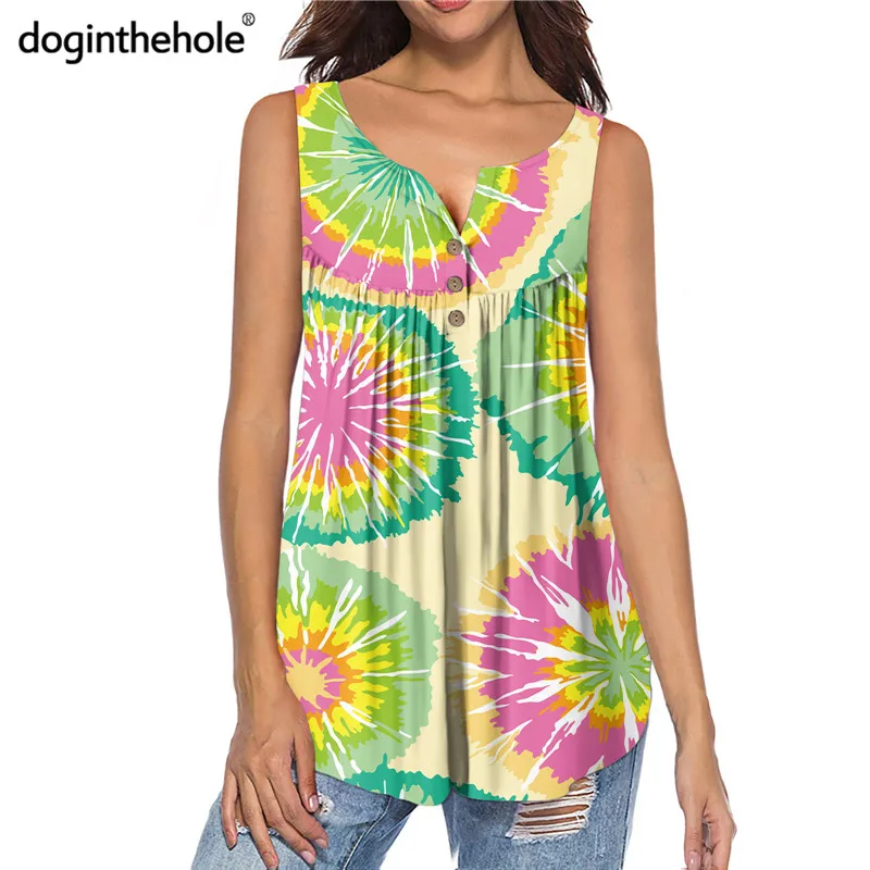 

Doginthehole 2020 Fresh Women Tie Dye Design Tank Tops Fashion Pleated Swing Tunic Lady Large Size Sleeveless Henley Shirt Mujer