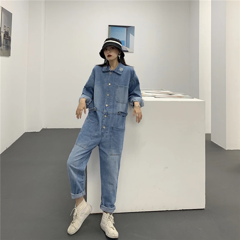 Kpop джинсовый комбинезон женский комбинезон с длинным рукавом узкая талия светло-голубой мешковатый bf стиль комбинезон джинсовый тренд