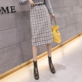 

Autumn Winter Vintage Plaid Belted Tweed Skirt Women Midi Long Thick Wool High Waist A-Line Business Work Outfits