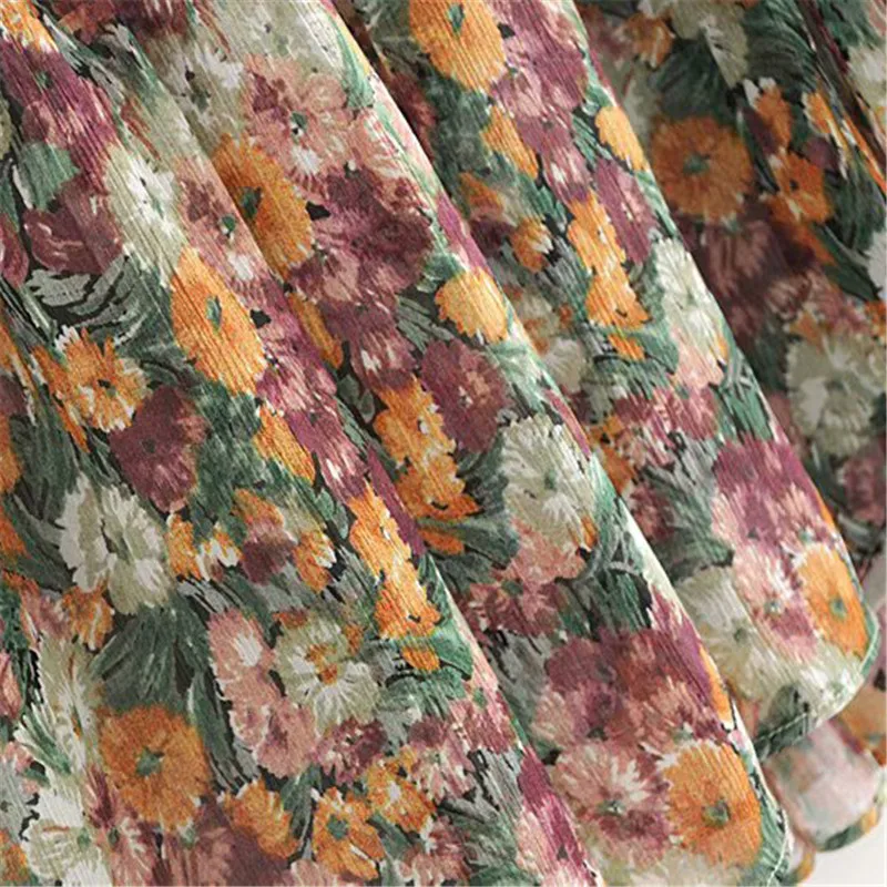 Vintage Elegant Floral Print Chiffon pleated Dress Women Fashion V Neck Long Sleeve Female Midi Dresses Vestidos Mujer