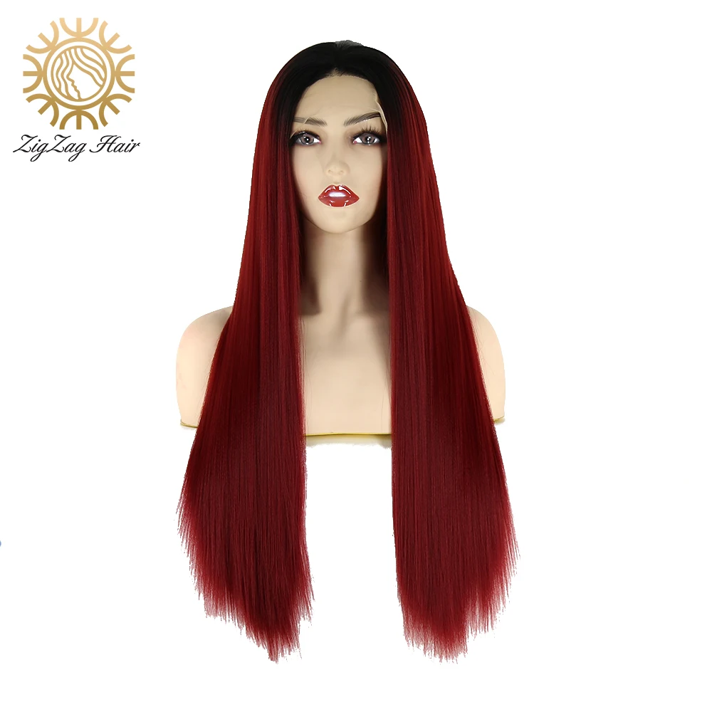 

ZigZag Black Ombre Wine Red Kinky Straight Wig for Black Women Cosplay Glueless Synthetic Lace Front Wigs Heat Resistant Fiber