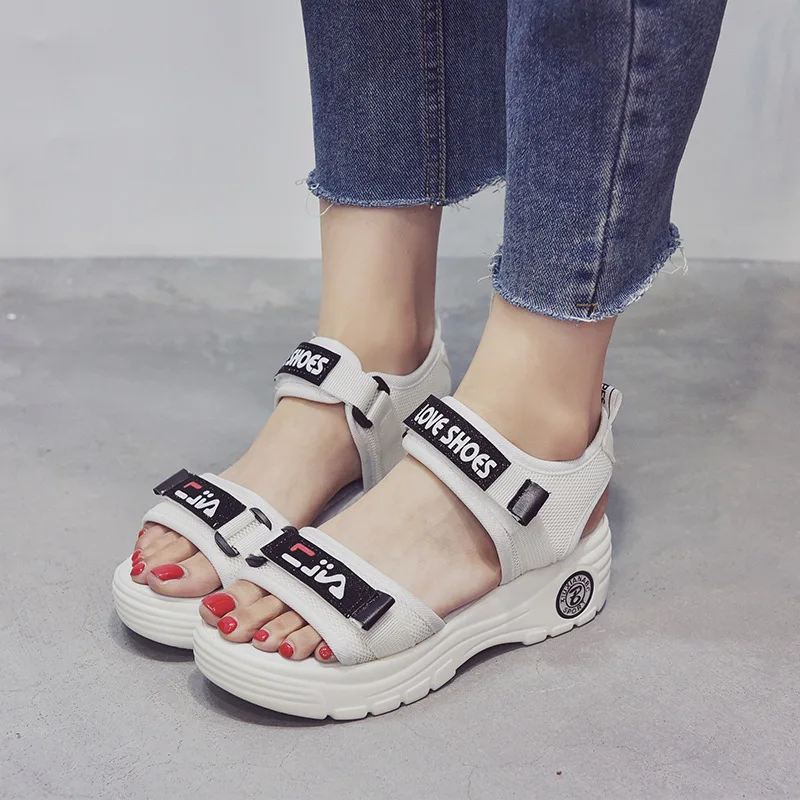 

Sports Sandals Women's 2019 Summer New Style Korean-style Students Semi-high Heeled Mesh Casual Open Toe Platform Anti-slip Sand