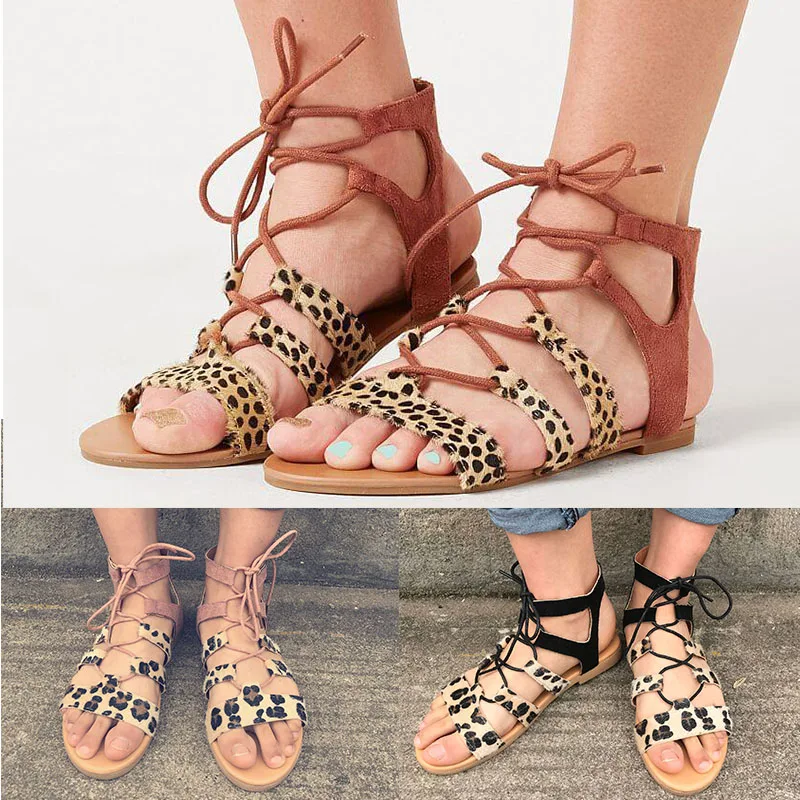 

2020 Women's Sandals Ladies Fashion Open Toe Flat Leopard Sandals Casual Roman Style Soft Beach Summer Female Shoes Size 35-43