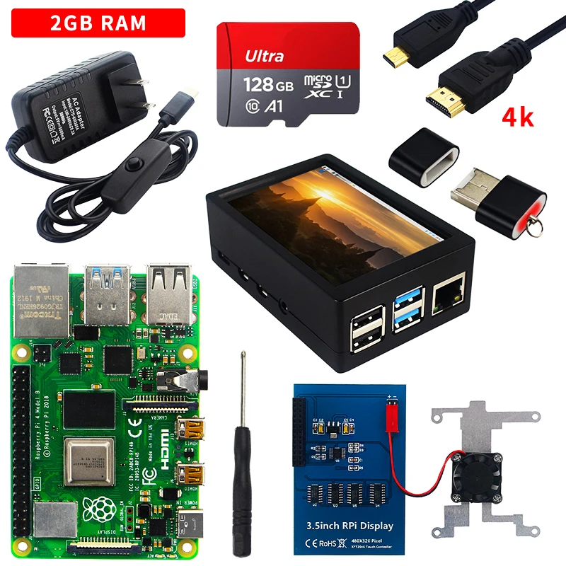 Raspberry Pi 4 Model B Kit 2GB/4GB/8GB RAM + SD Card + Case + Cooling Fan + 4K HD Video Cable + Power Supply for Raspberry Pi 4B