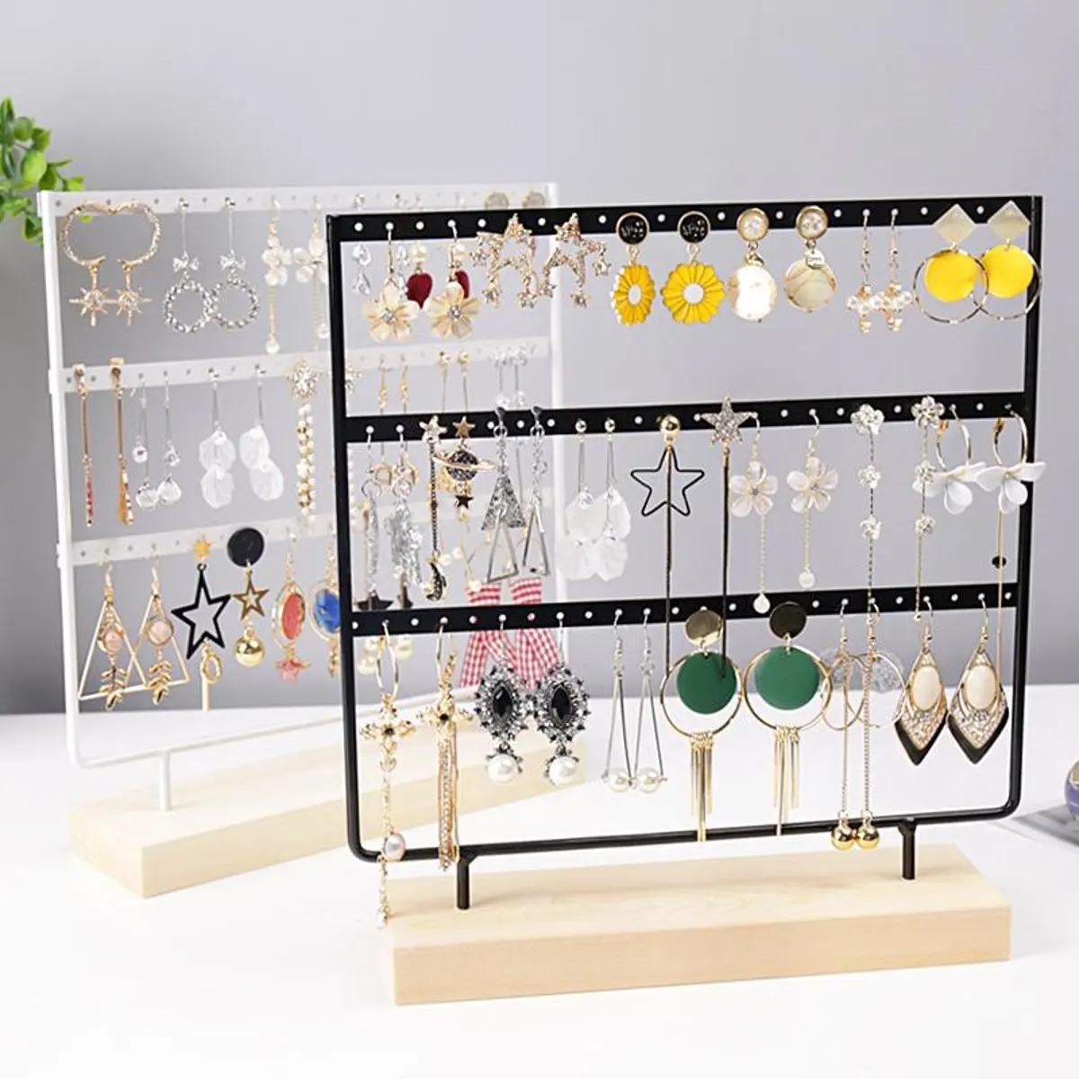 

3 Tier 36/57/69 Holes Wooden Earrings Jewelry Organizer Display Holder Stand Metal Jewelry Holder Earrings Necklace Rack Display