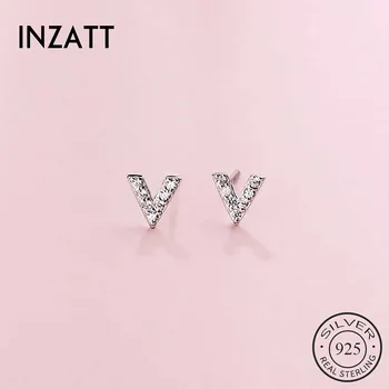 

INZATT Real 925 Sterling Silver Letter V Zircon Stud Earrings For Fashion Women Minimalist Fine Jewelry ins Hot Accessories