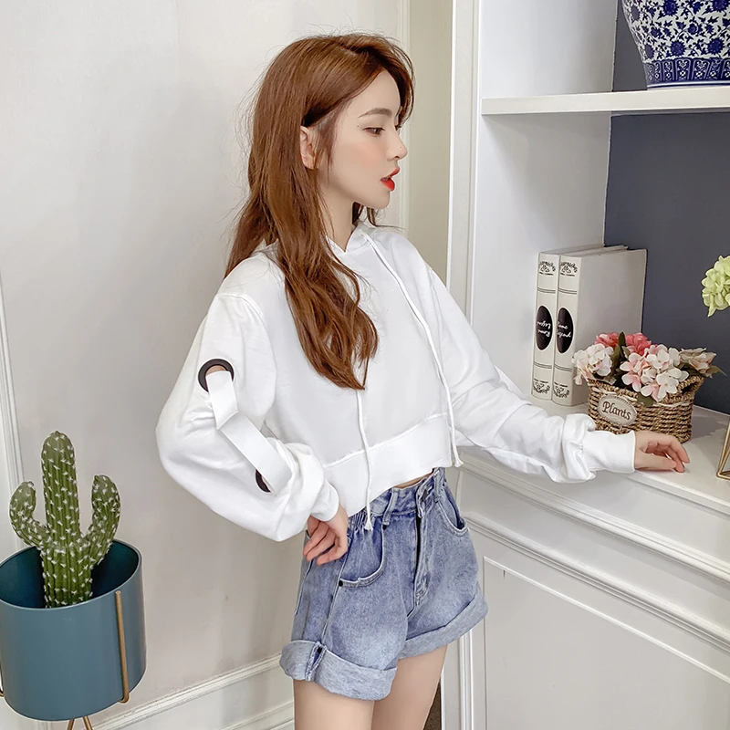 

Casual Street Hooded Sweatshirt for Women Autumn and Winter Fashion Long-sleeved Solid Color Short Pullover Simple Hip Hop Top