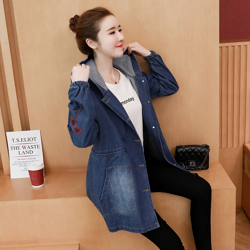

Photo Shoot 2019 Fashion Embroidered Large Size Dress Fat Mm Hooded Medium-length Denim Windbreaker Coat