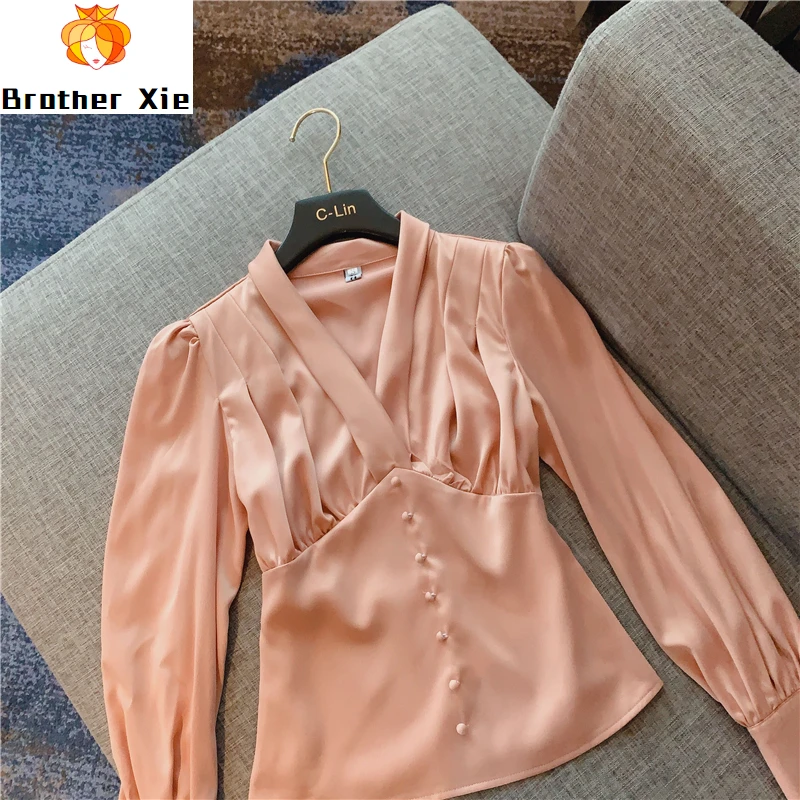 

Lady's Tops 2020 Spring Autumn New Satin Long Sleeve Chiffon Blouse Women V Neck All-match Basic Blouses Tops Blusa Feminina