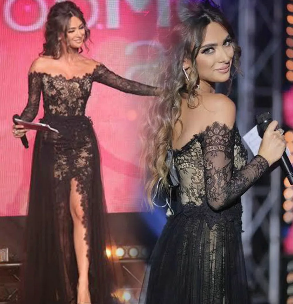 

black lace 2018 boat neck long sleeves high slit evening formal women elegant pageant gown party prom mother of the bride dress