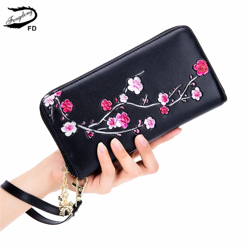 

Fengdong womens wallets and purses smart anti rfid long wrist wallet leather purse girls phone wallet vintage flower card holder